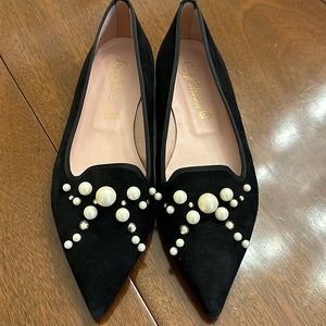 Pretty Ballerinas black suede flats with pearl Swarovski crystals. Size 38